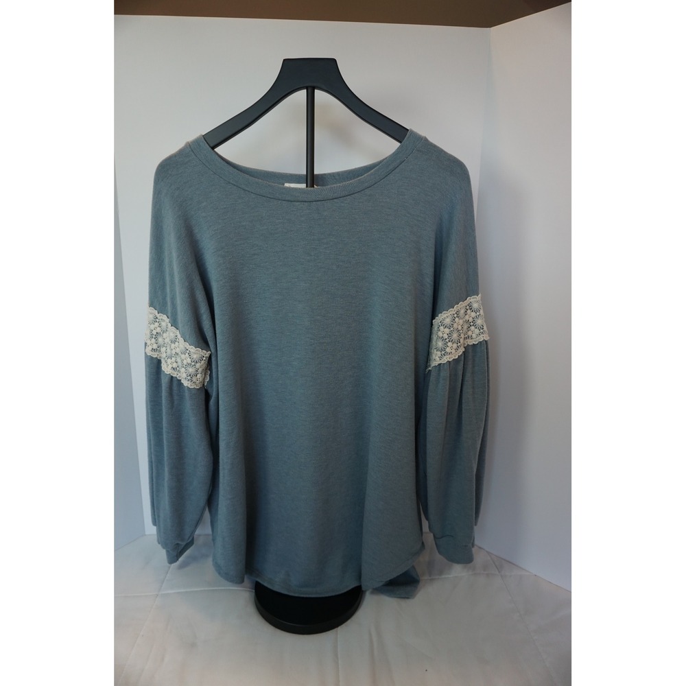 Lovely J Womens Blue Lace Sleeve Knit Top Crew Neck Boho Pullover 1XL LT1994-4